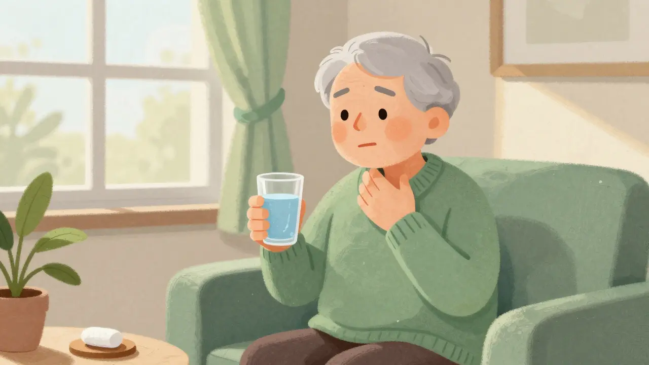 Senior person drinking water for side effect relief
