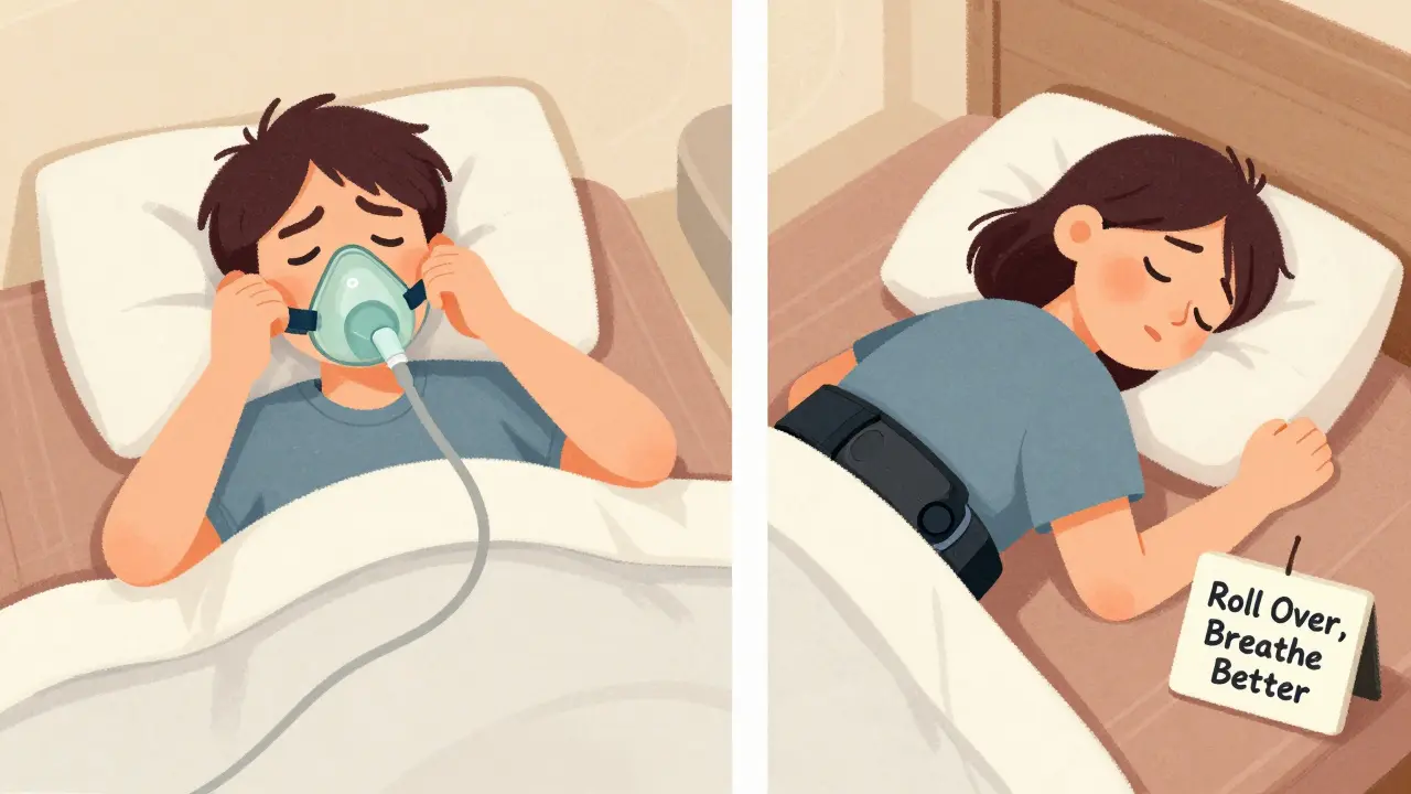 Side-by-side comparison: frustrated CPAP user vs. peaceful side sleeper with lightweight position trainer.