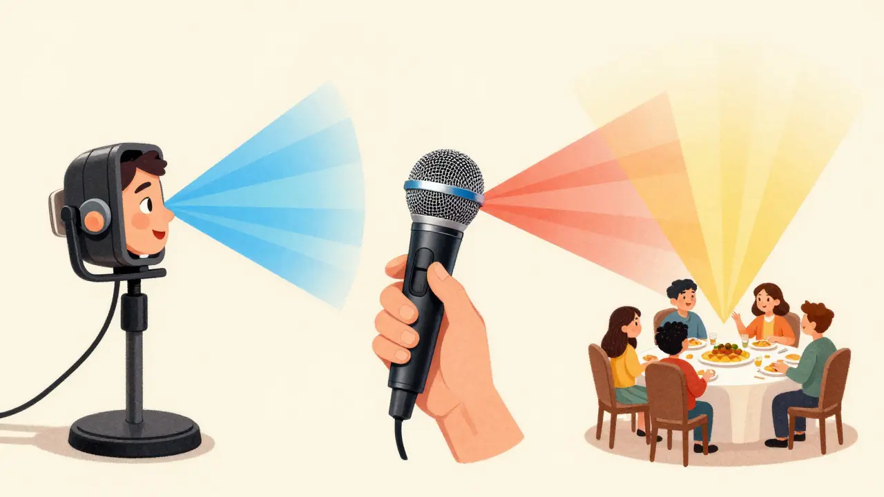 Three types of remote microphones—lapel, handheld, and table-top—each sending distinct sound beams to hearing aids in a family dinner setting.