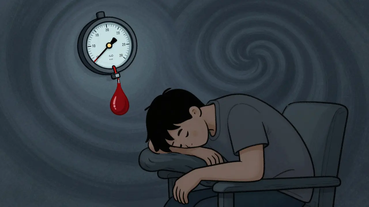 A lethargic person feeling dizzy with a falling blood pressure gauge nearby.