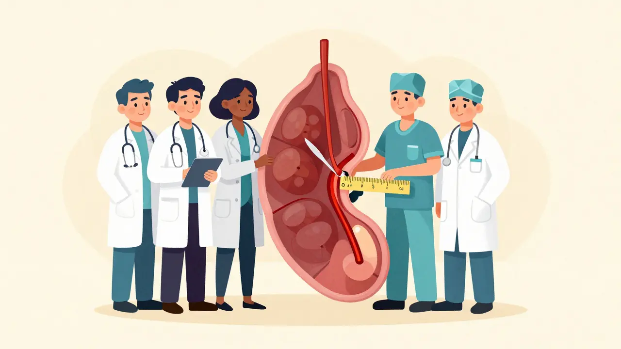 A medical team of three specialists consulting over a model of an adrenal gland.