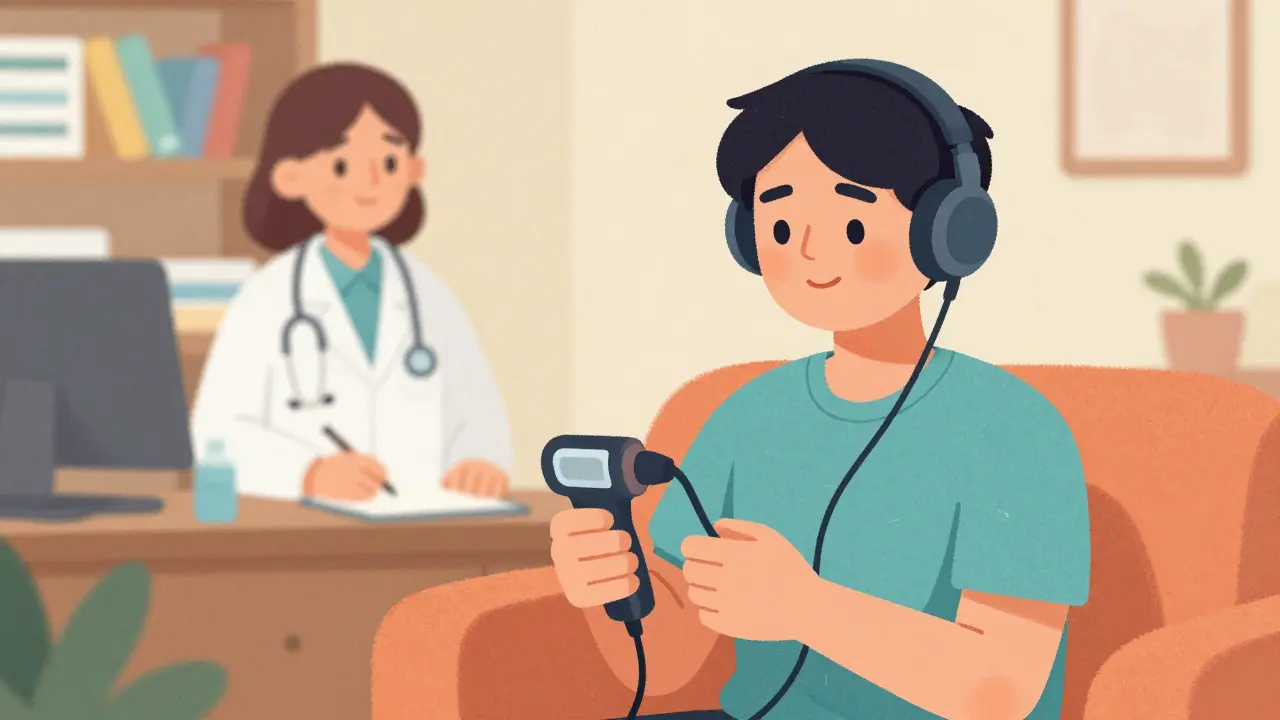 A patient calmly practicing with a training device in a supportive home environment.