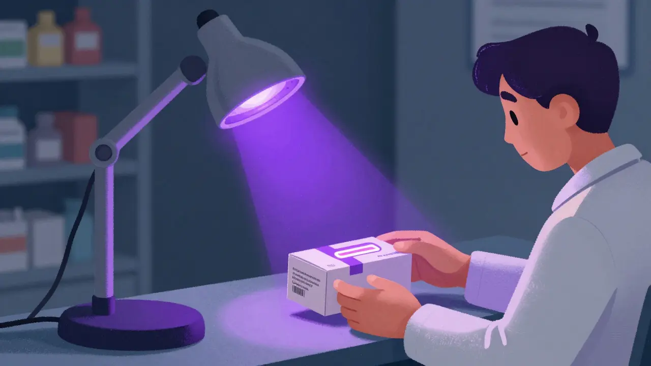 A UV lamp revealing a hidden glowing marker on a pharmaceutical package