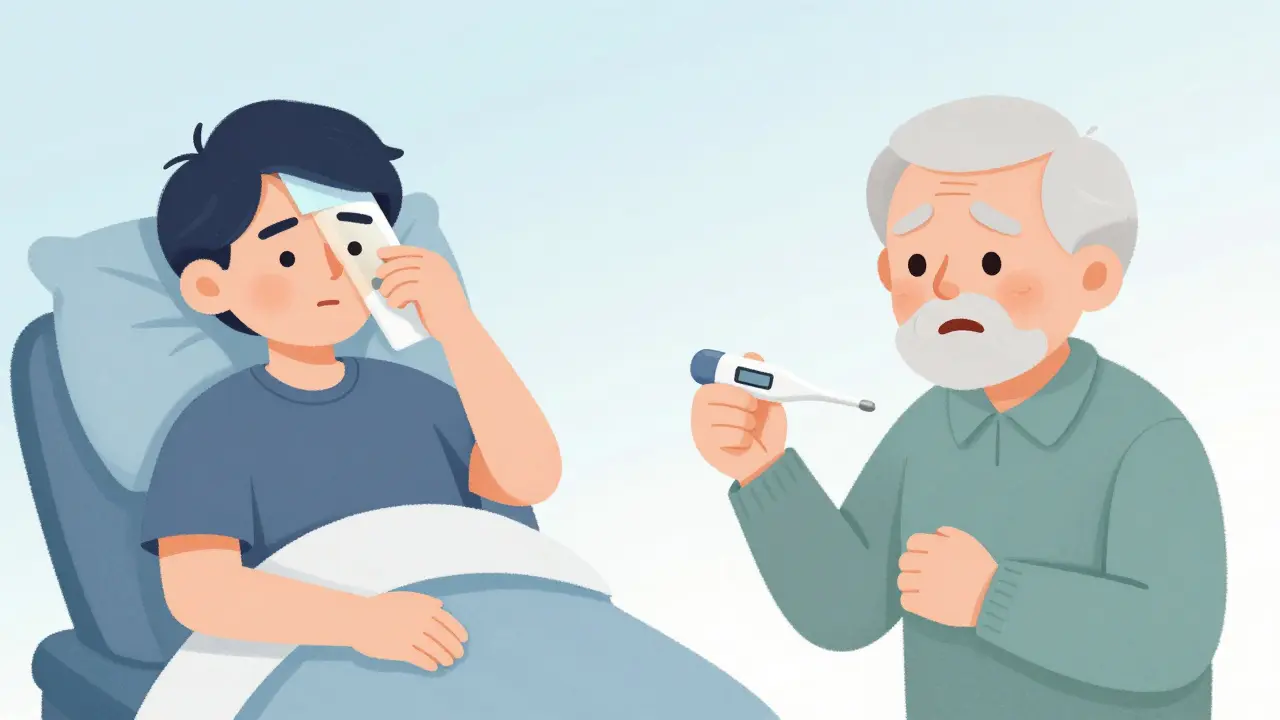 Comparison between a healthy adult and a senior citizen monitoring their fever levels.