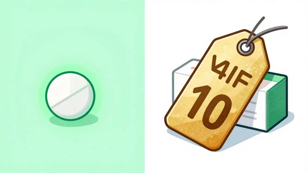 Comparison between a simple generic pill and an expensive brand name box