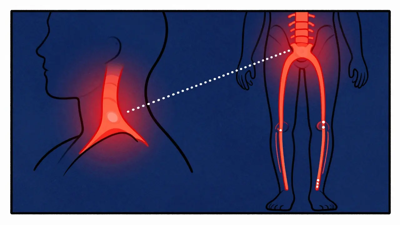 Comparison illustration showing pinched nerves in the neck and lower back with pain paths