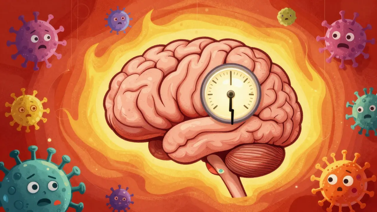 Conceptual illustration of the hypothalamus raising body temperature to fight germs.