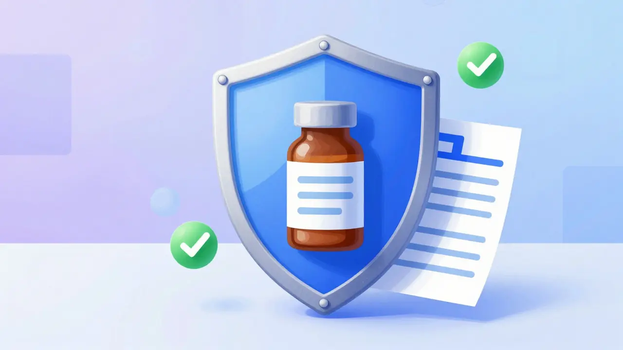 Digital shield protecting a prescription and medicine bottle with green checkmarks