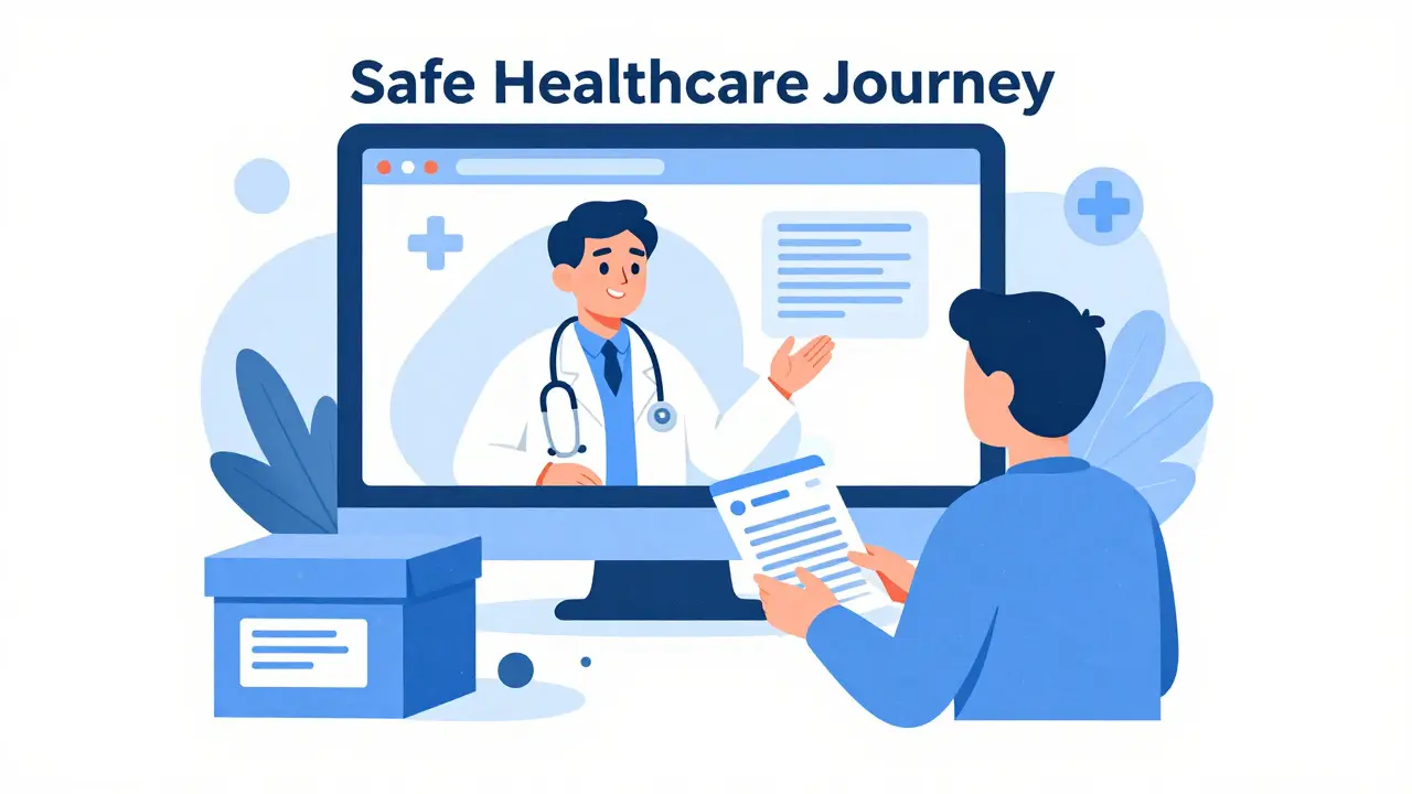 Digital telehealth consultation and a secure prescription being sent to a pharmacy.