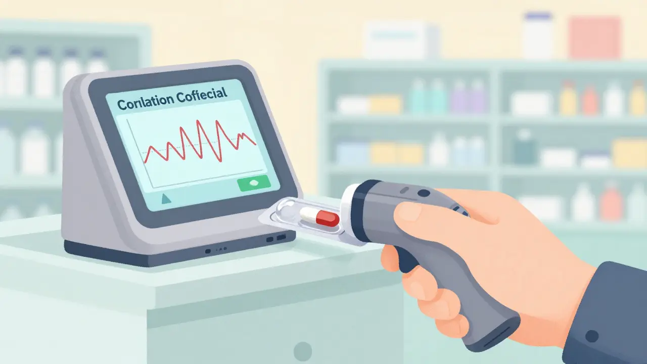 Handheld spectrometer scanning a pill through a blister pack for authenticity