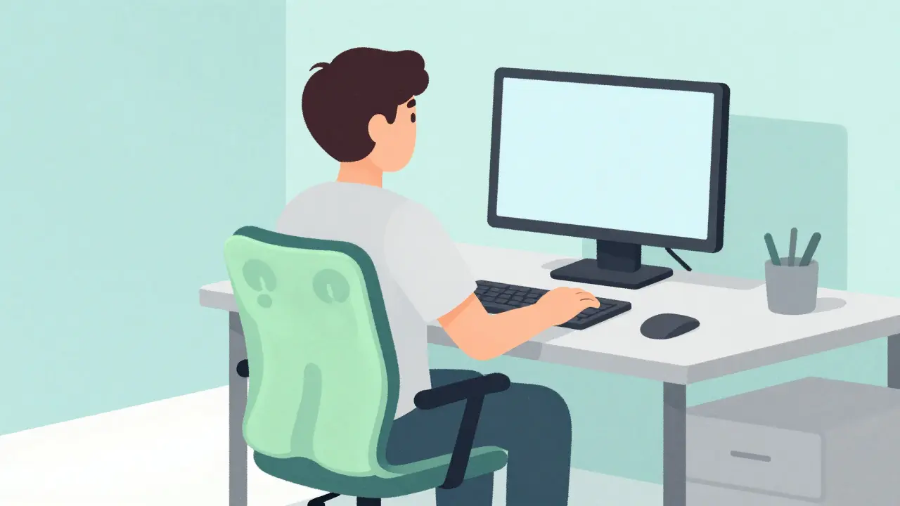 Illustration of an ergonomic workstation with a lumbar support chair and monitor riser
