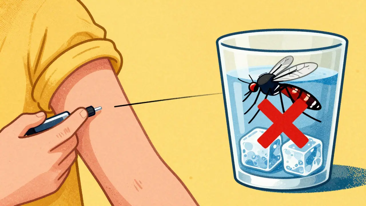 Illustration showing a vaccine injection and a warning against contaminated ice and mosquitoes