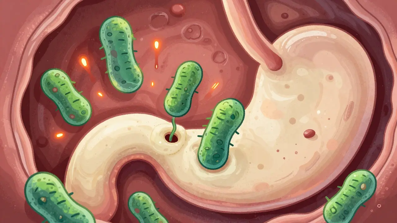 Microscopic cartoon view of spiral-shaped H. pylori bacteria infecting the stomach wall