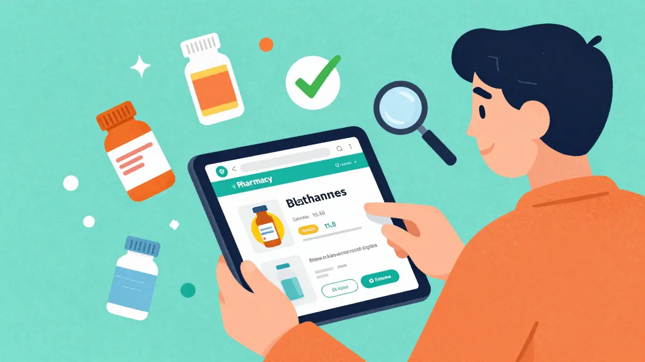 Person using a tablet to find the lowest prices at a verified online pharmacy.