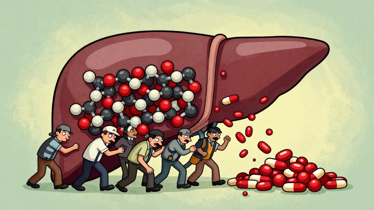 Stylized liver workers blocked by a wall, causing medicine pills to pile up.