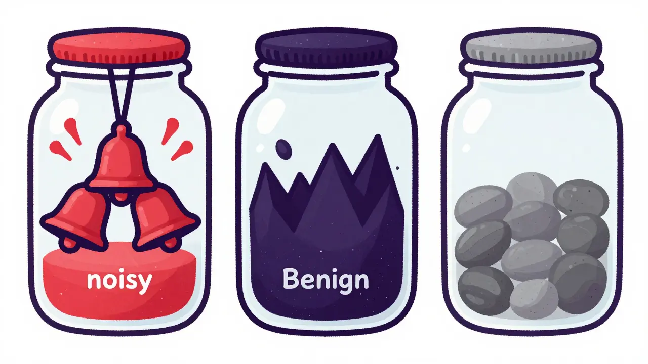 Three jars illustrating functioning, malignant, and benign adrenal tumor types.