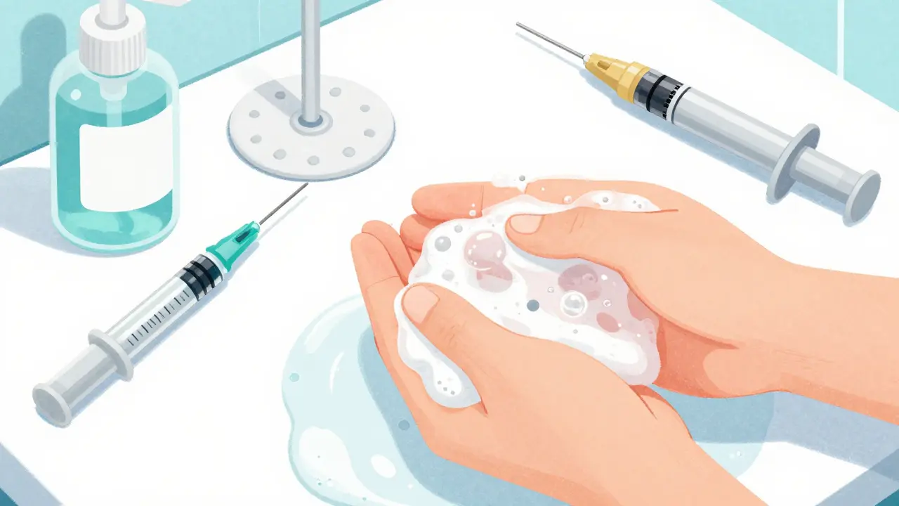 Top-down view of a sterile injection preparation area with soap and medical supplies.