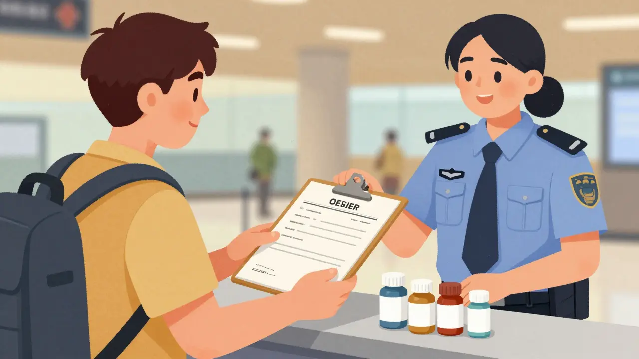 Traveler presenting medical documentation and original pharmacy bottles to a customs officer