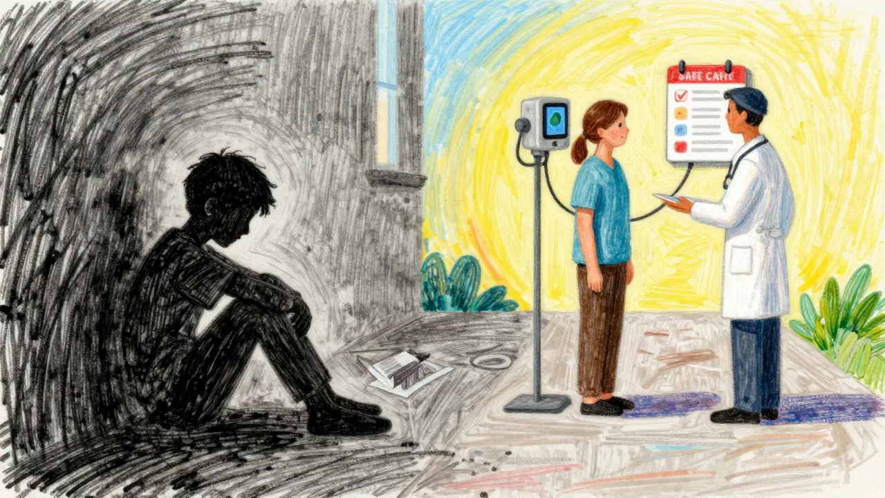 Abstract art contrasting isolated teen with monitored medical support.