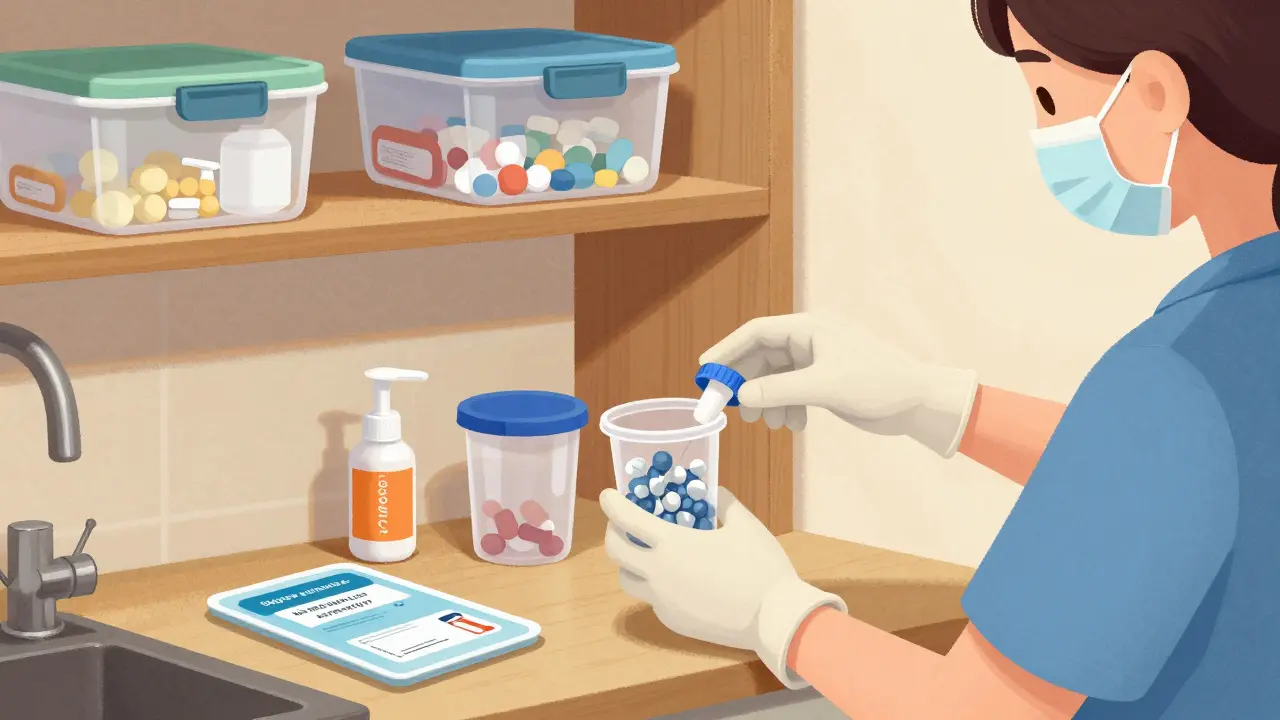 Caregiver using safety kits and child-proof storage for chemo waste at home