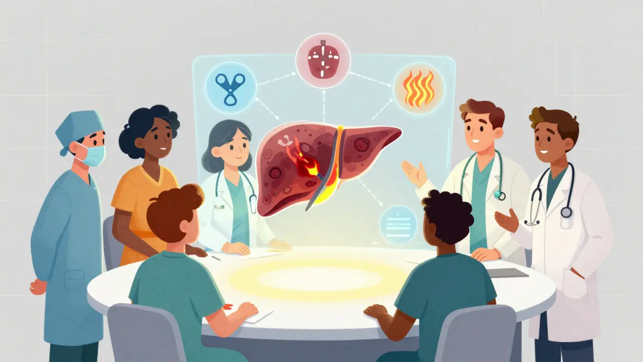 Cartoon of medical team collaborating around a holographic liver treatment plan.