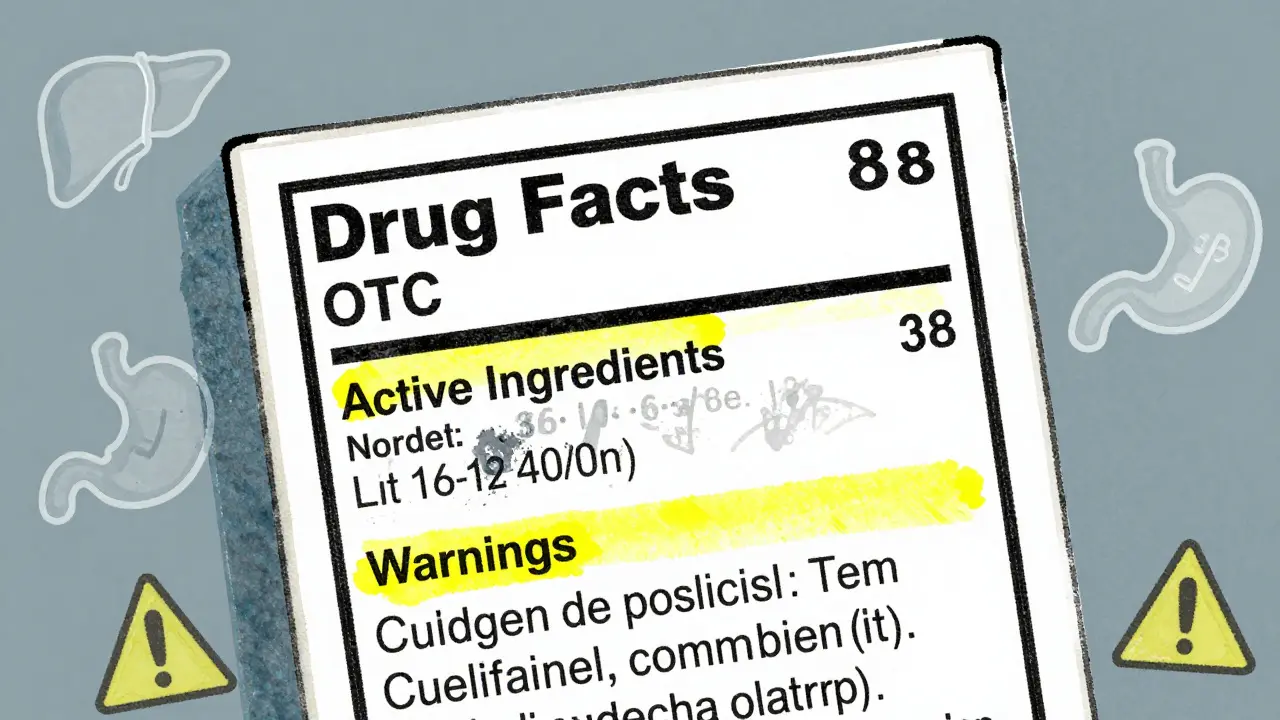 Close-up of drug label highlighting active ingredients and warnings