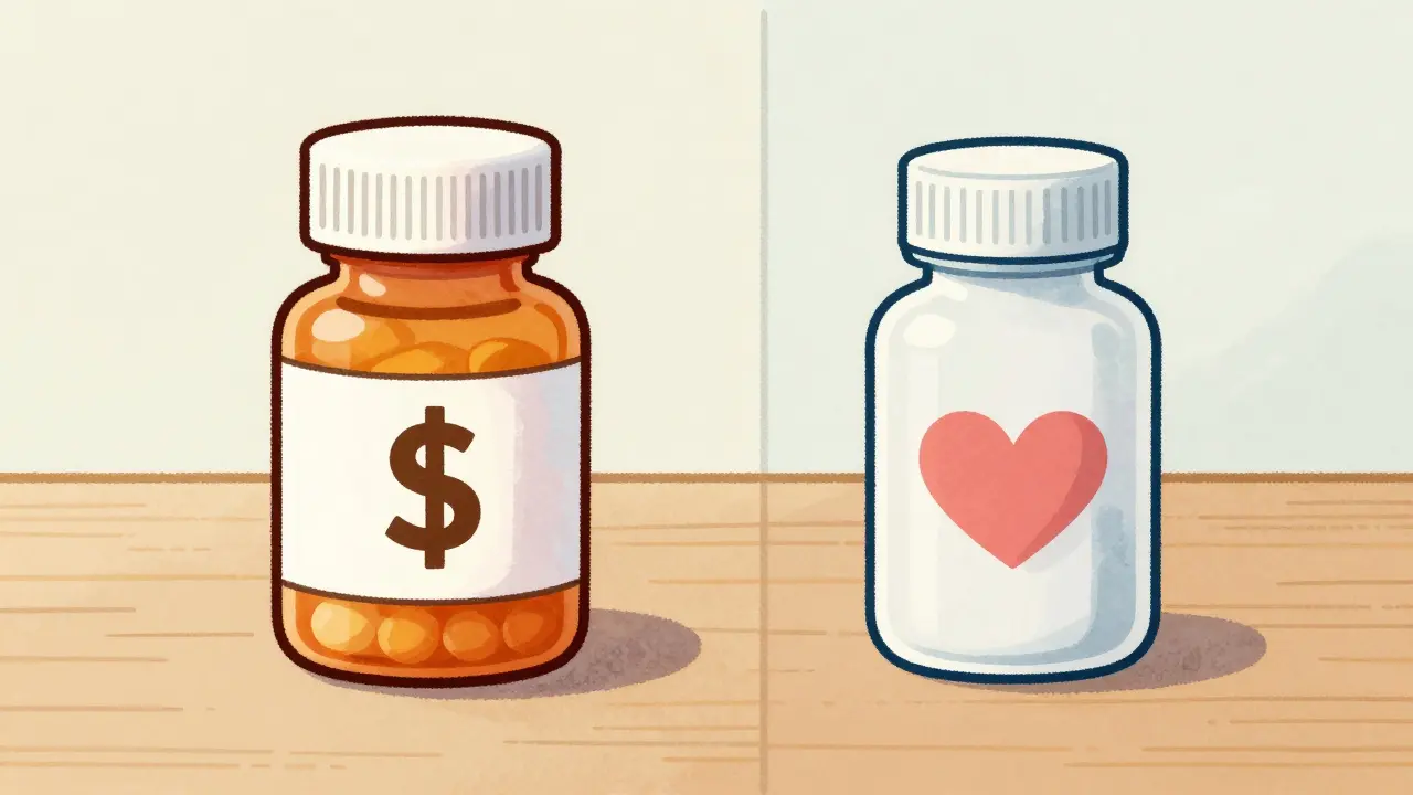 Comparison of expensive brand vs cheap generic medicine bottles