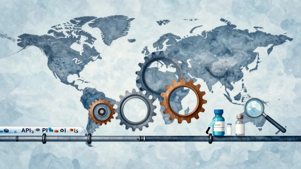 Conceptual art of global supply chains and quality control gears.