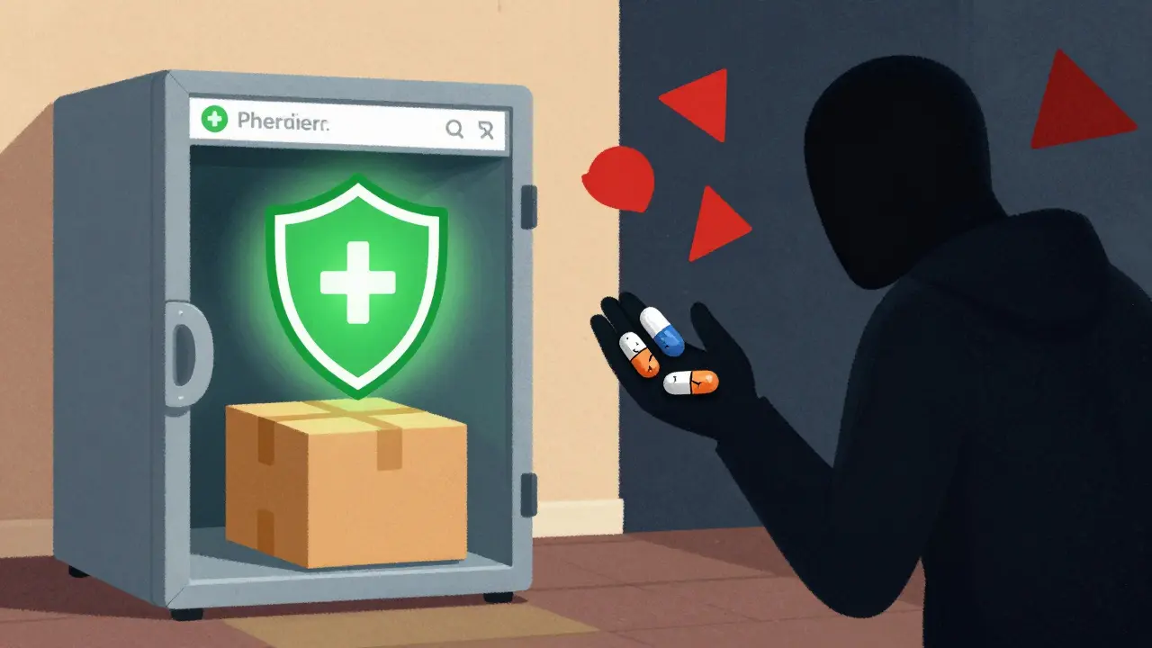 Contrast between a safe online pharmacy delivery and a shady fake vendor.