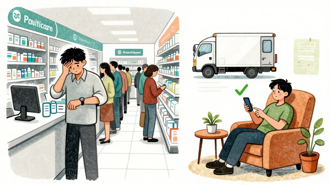 Contrast between crowded pharmacy line and home delivery