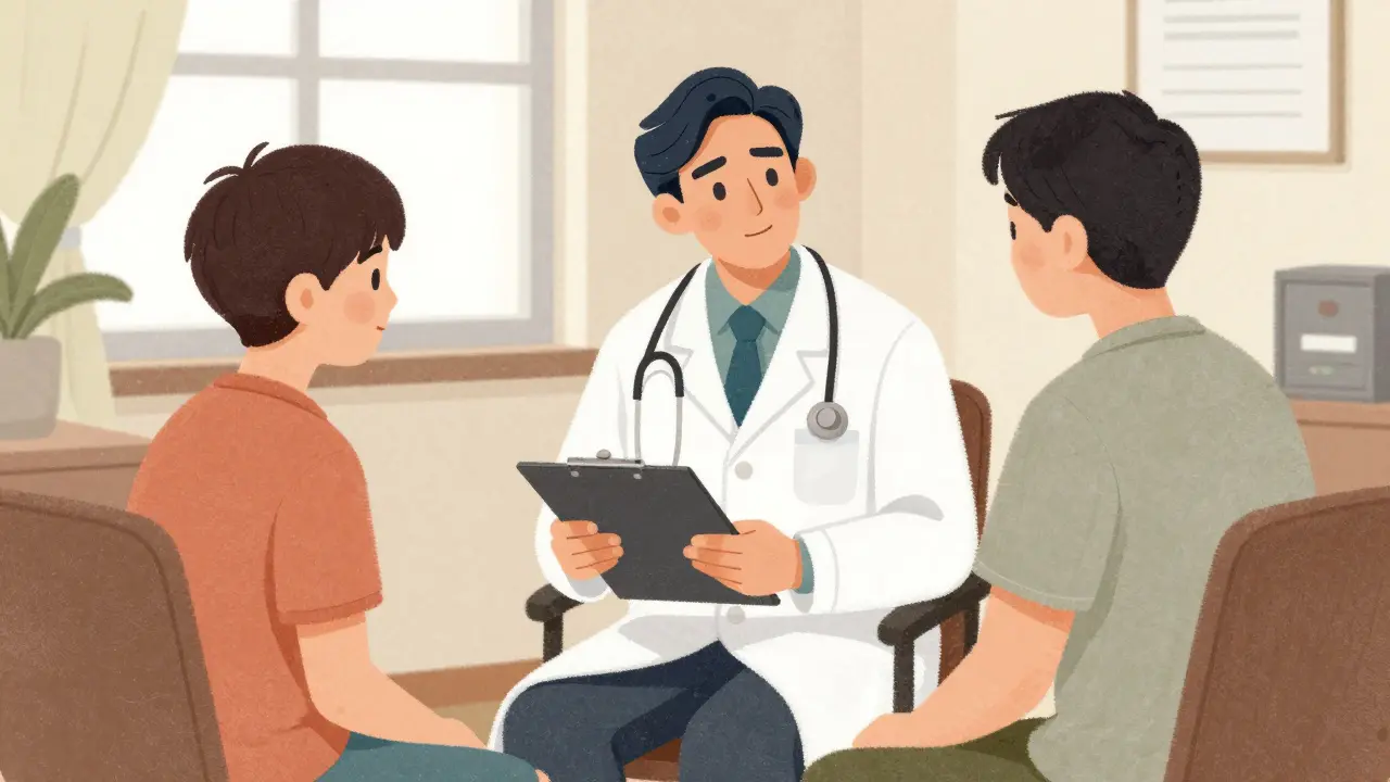 Doctor and teen talking openly in a warm, trusting office setting.