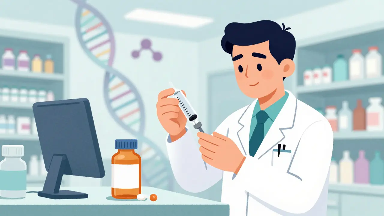 Doctor examining biosimilar vial and generic pills in pharmacy