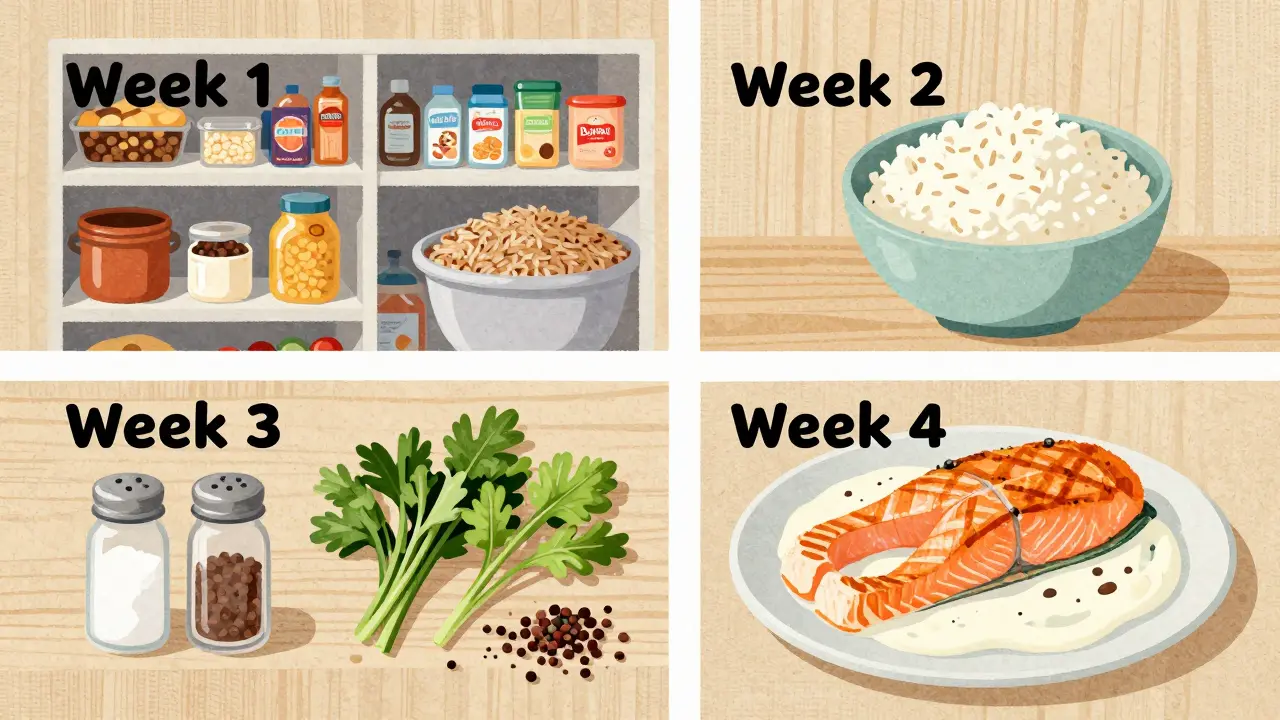 Four-panel textured illustration showing weekly steps to adopt the DASH diet lifestyle.