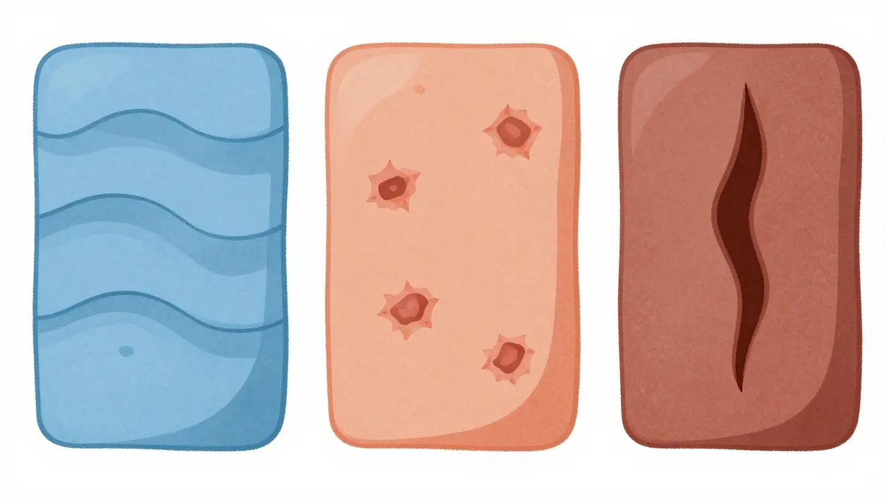 Illustration comparing rolling, boxcar, and ice pick acne scar types