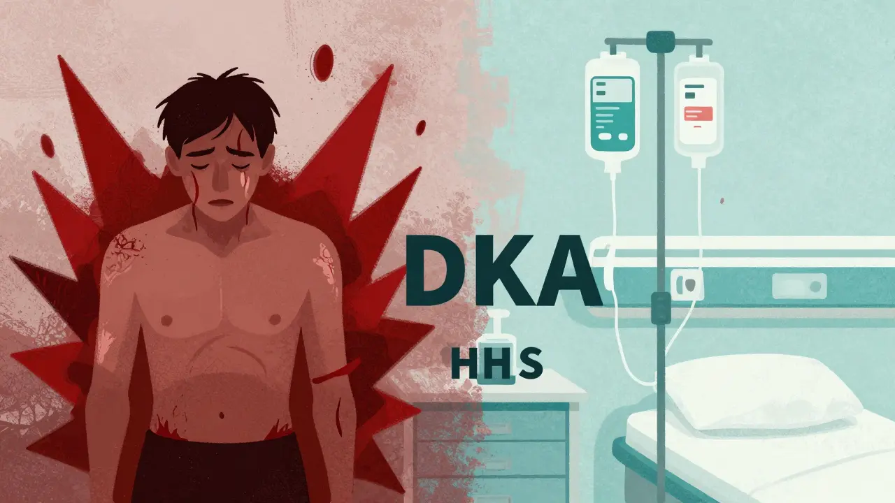Illustration of dehydration symptoms vs hospital IV treatment for high blood sugar