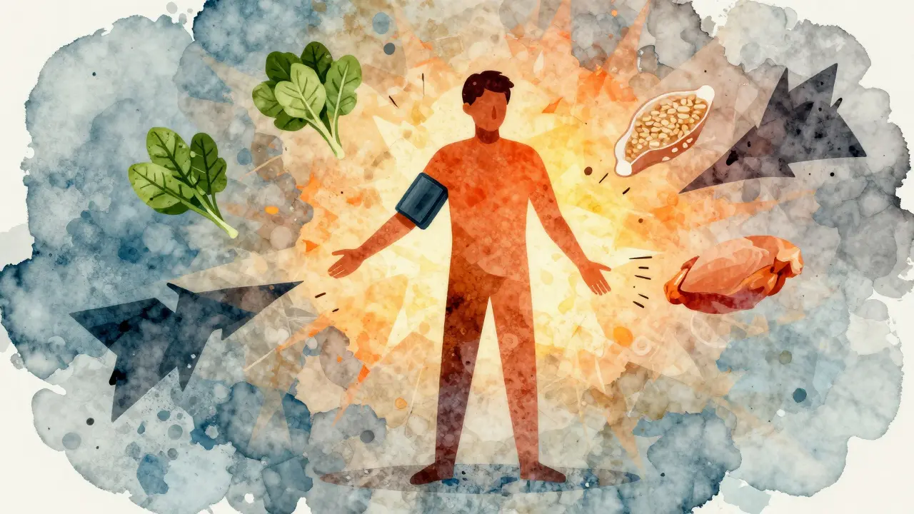 Illustration of healthy foods pushing away stress symbols, symbolizing lowered blood pressure.