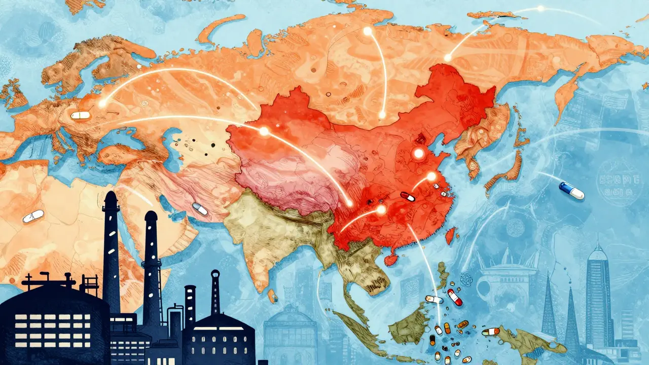 Map showing generic drug supply chains from Asia to North America
