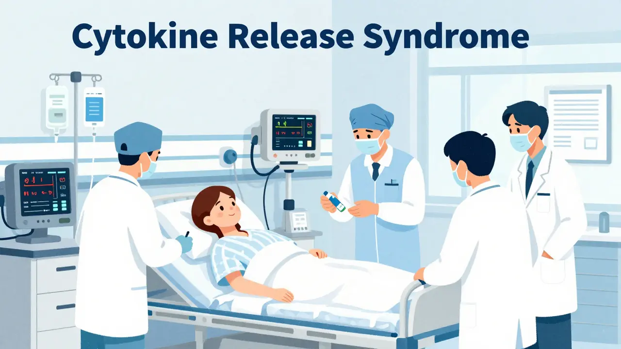 Medical team managing cytokine release syndrome in a hospital setting