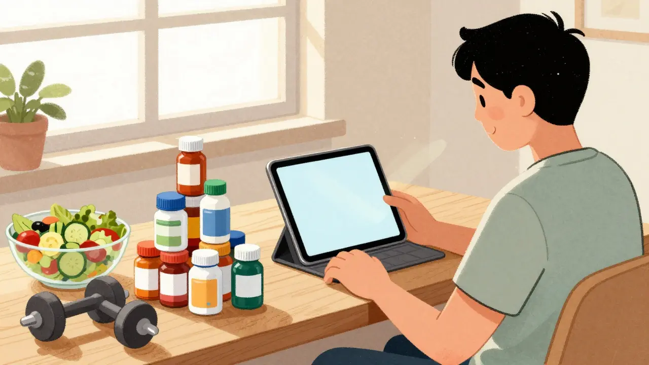 Person managing health at home with medication and healthy lifestyle items.