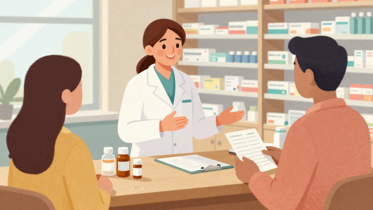Pharmacist advising a customer safely at a pharmacy counter