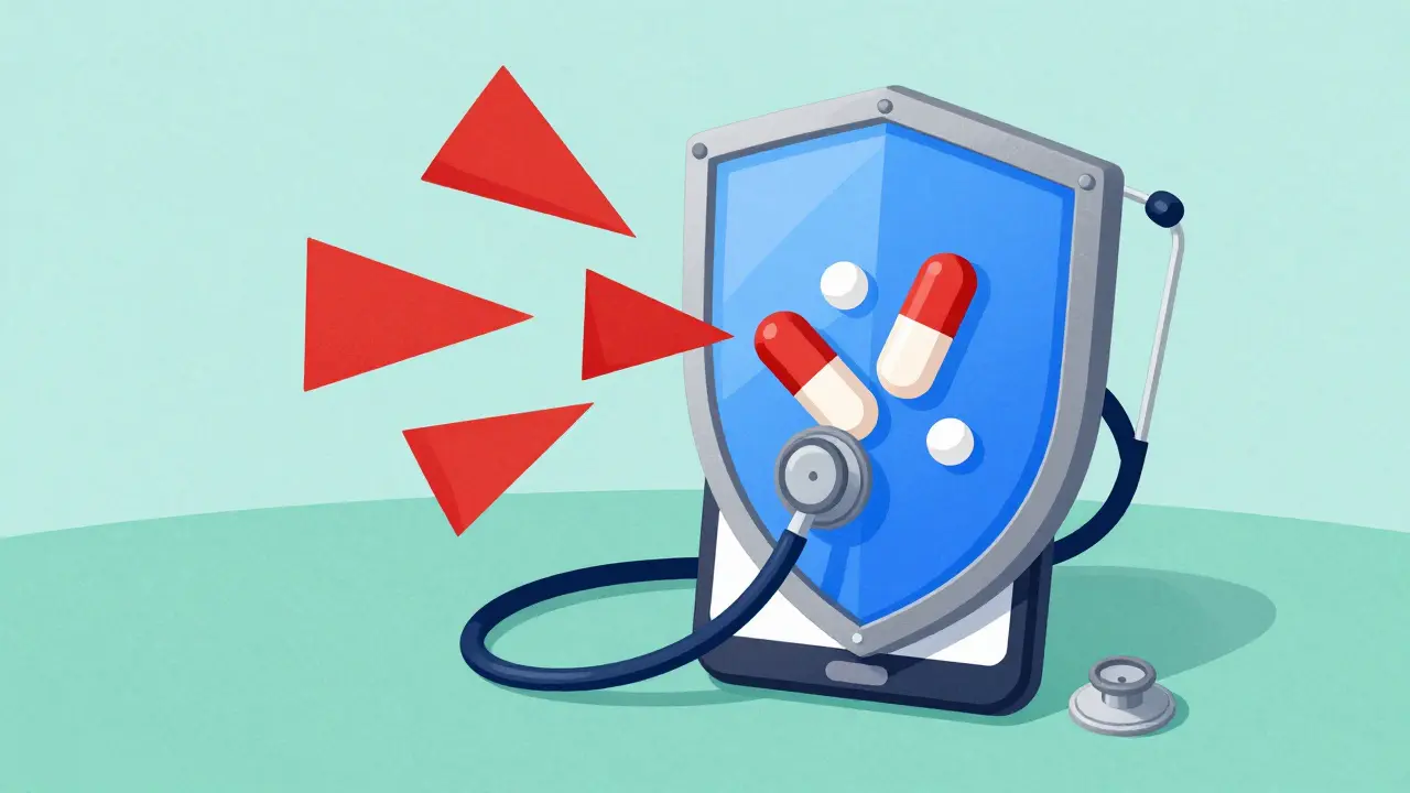 Shield protecting phone from fake meds and scam warnings