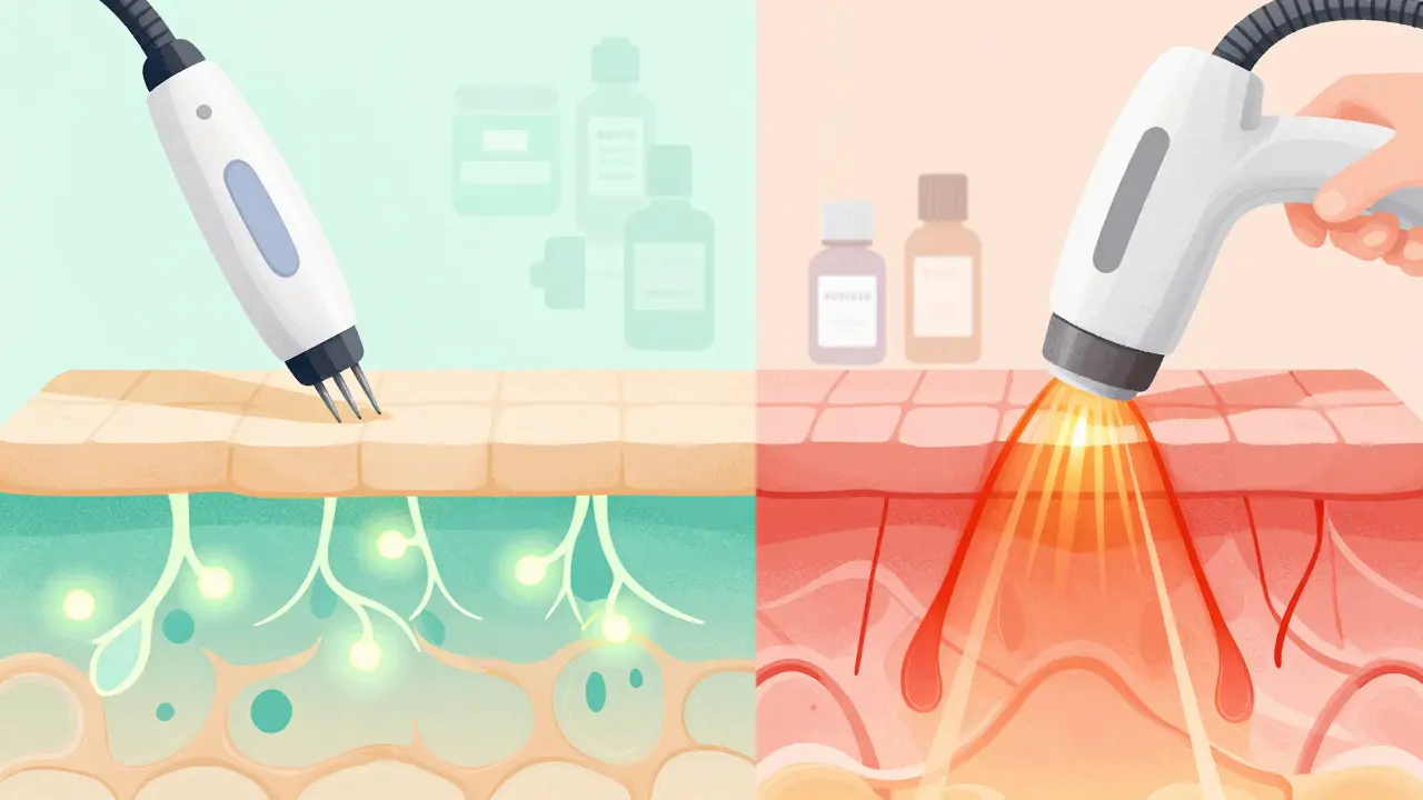 Split view of microneedling and laser treatments for skin repair
