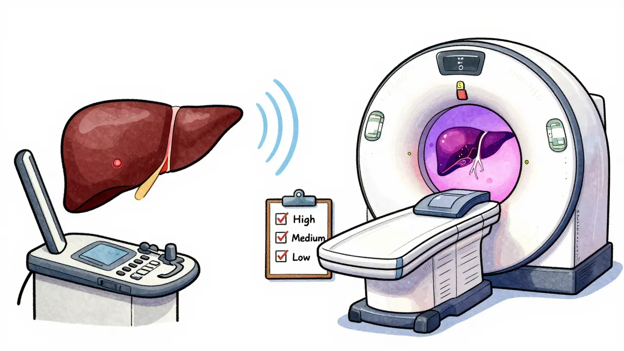 Textured illustration comparing ultrasound and MRI scanning methods for liver cancer detection.