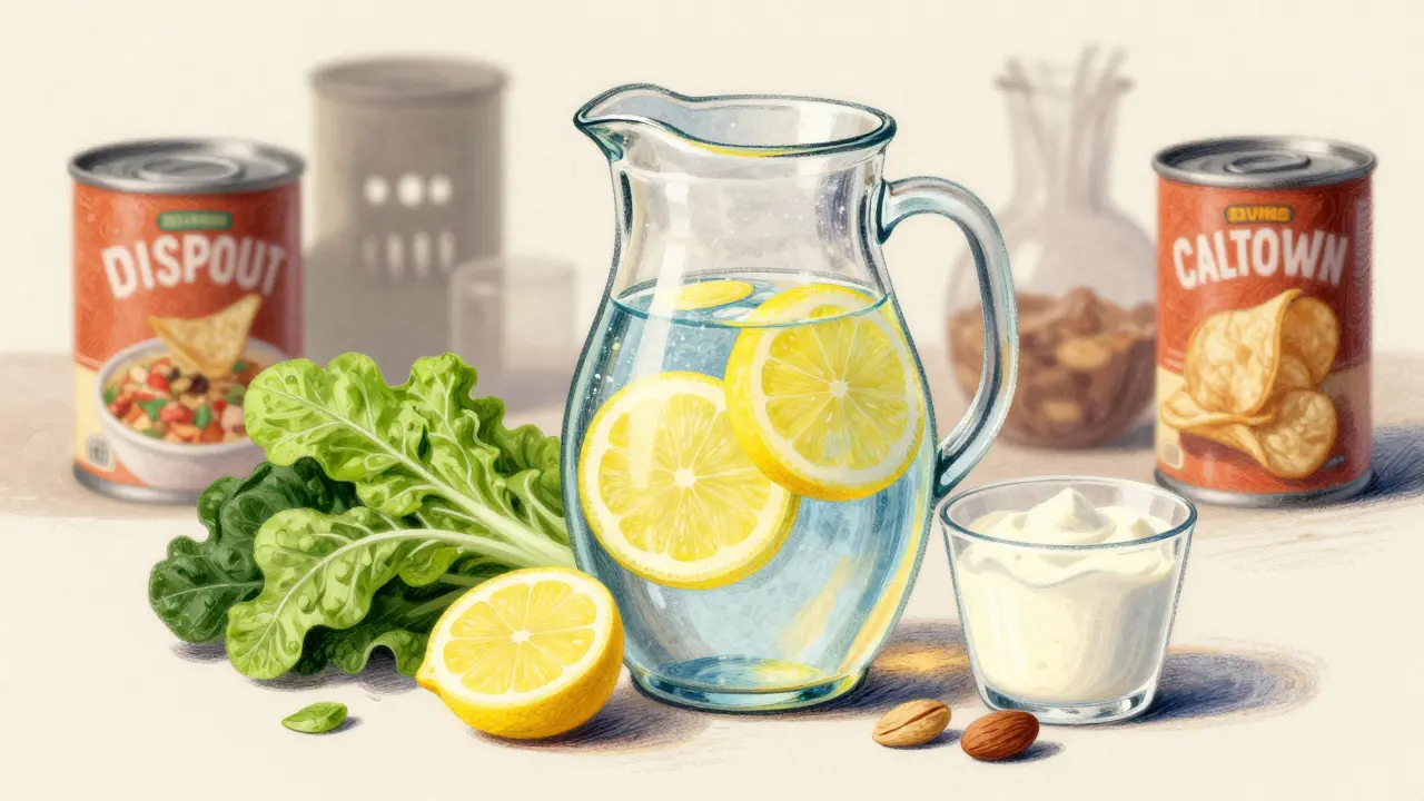 Water with lemons and healthy foods for stone prevention