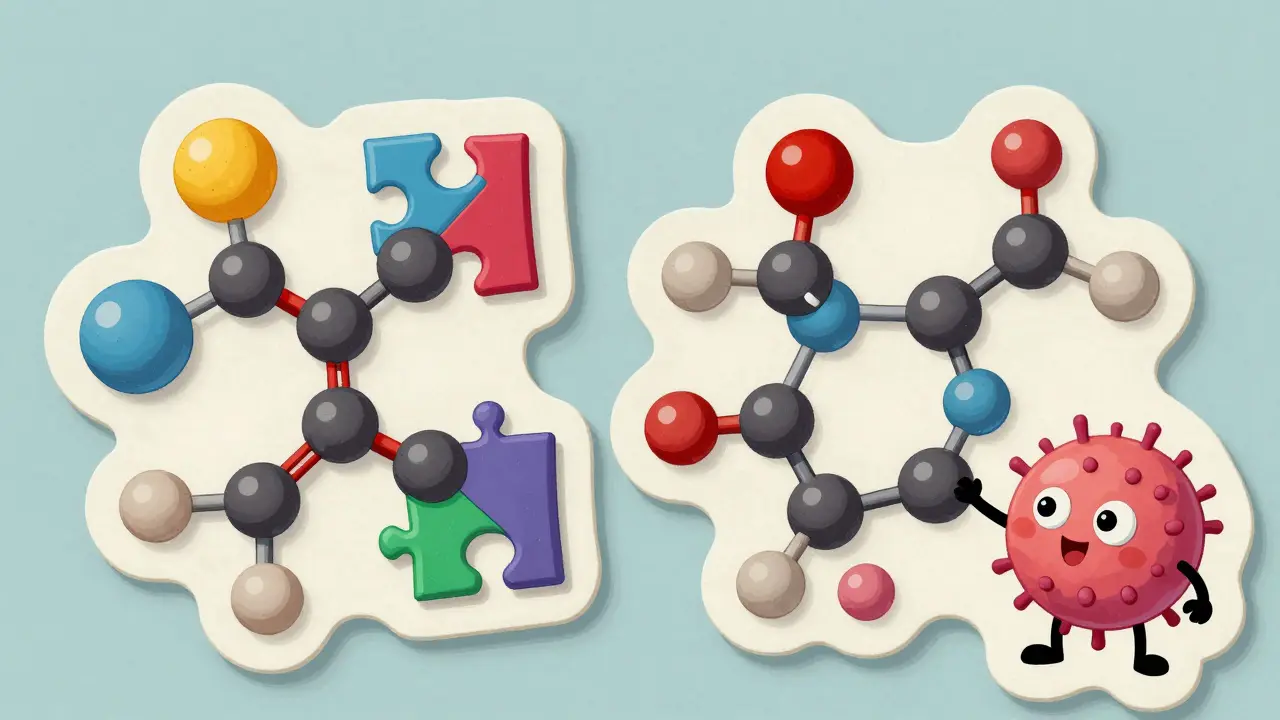Artistic depiction of penicillin and cephalosporin molecular structures