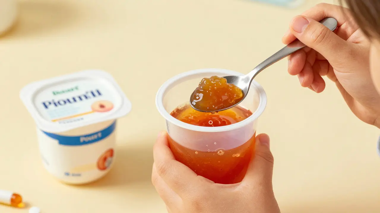 Child taking liquid antibiotic mixed with food and yogurt for gut health