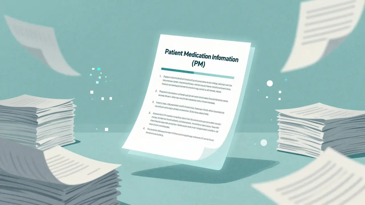 Conceptual art showing new standardized medication info replacing old confusing paper documents.