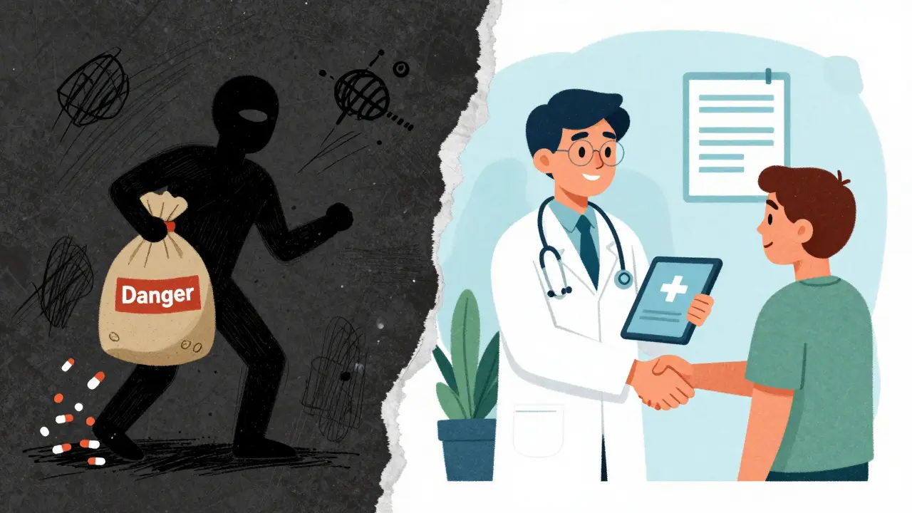 Contrast between dangerous fake meds and safe telemedicine consultation