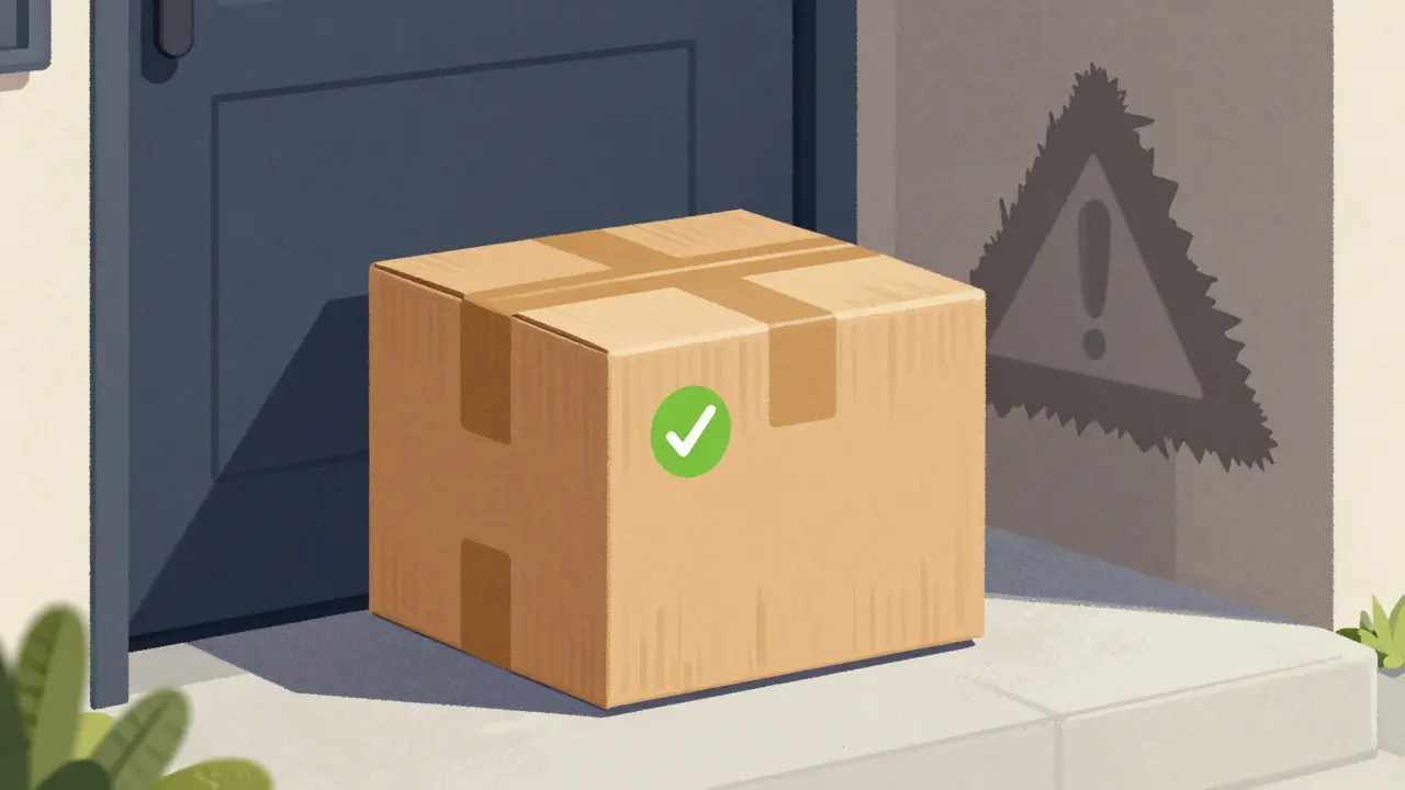 Delivered medication package with safety verification badge