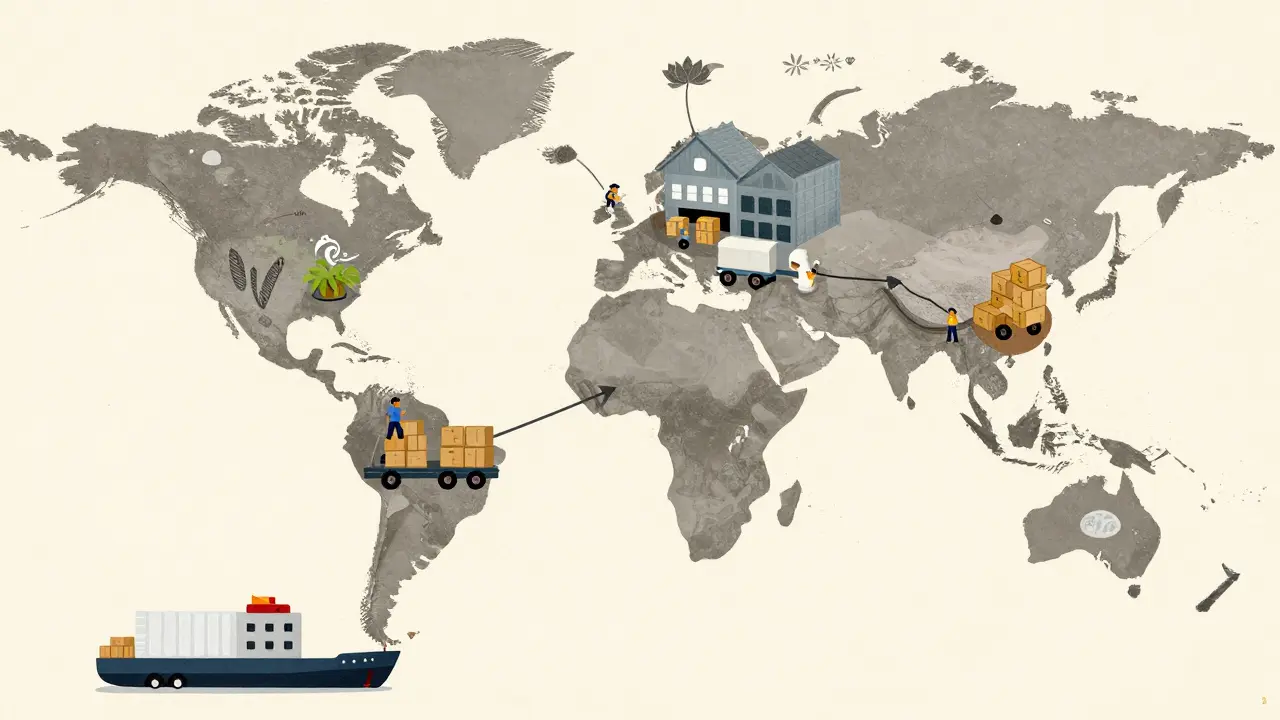 Global supply chain illustration showing drug ingredients moving across borders